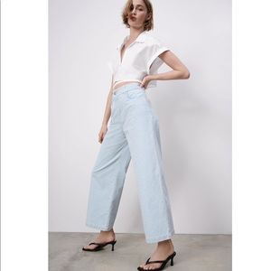 Zara Striped Light Blue Flare & Wide Leg Jeans